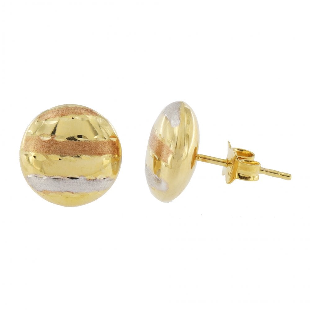 9ct Tri-Colour Gold Button Stud Earrings