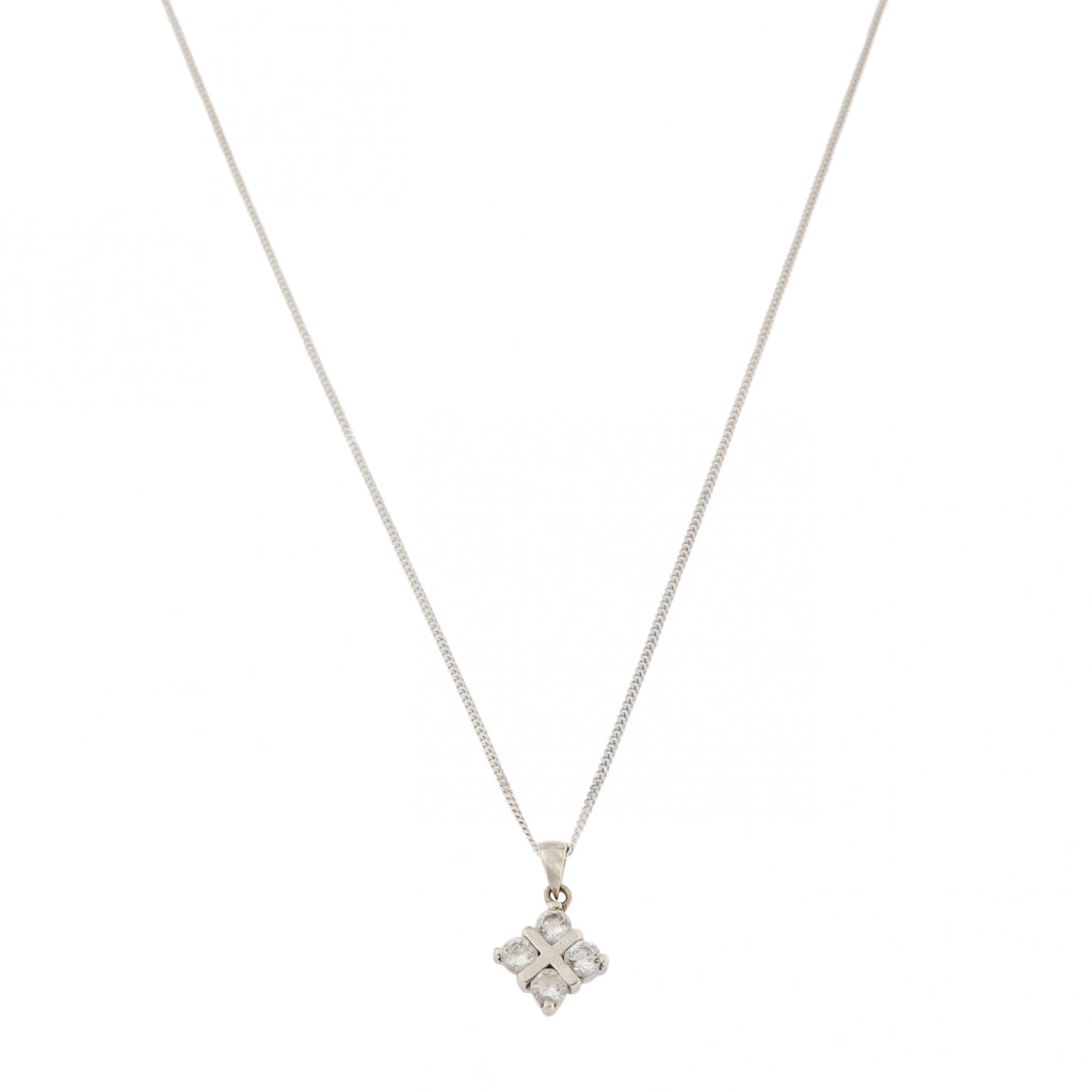 9ct White Gold Cubic Zirconia 4 Stone Pendant & Chain