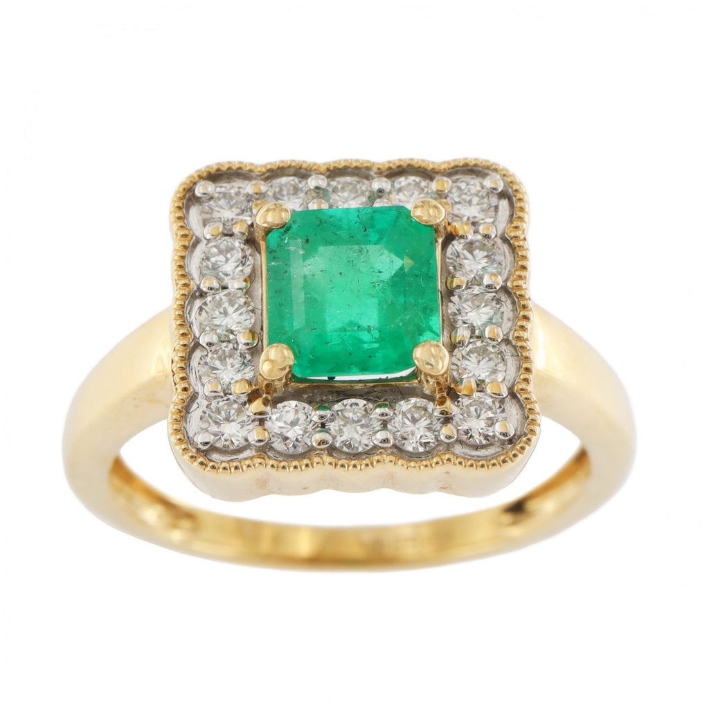 18ct Yellow Gold Square Emerald & Diamond Cluster Ring