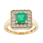 18ct Yellow Gold Square Emerald & Diamond Cluster Ring