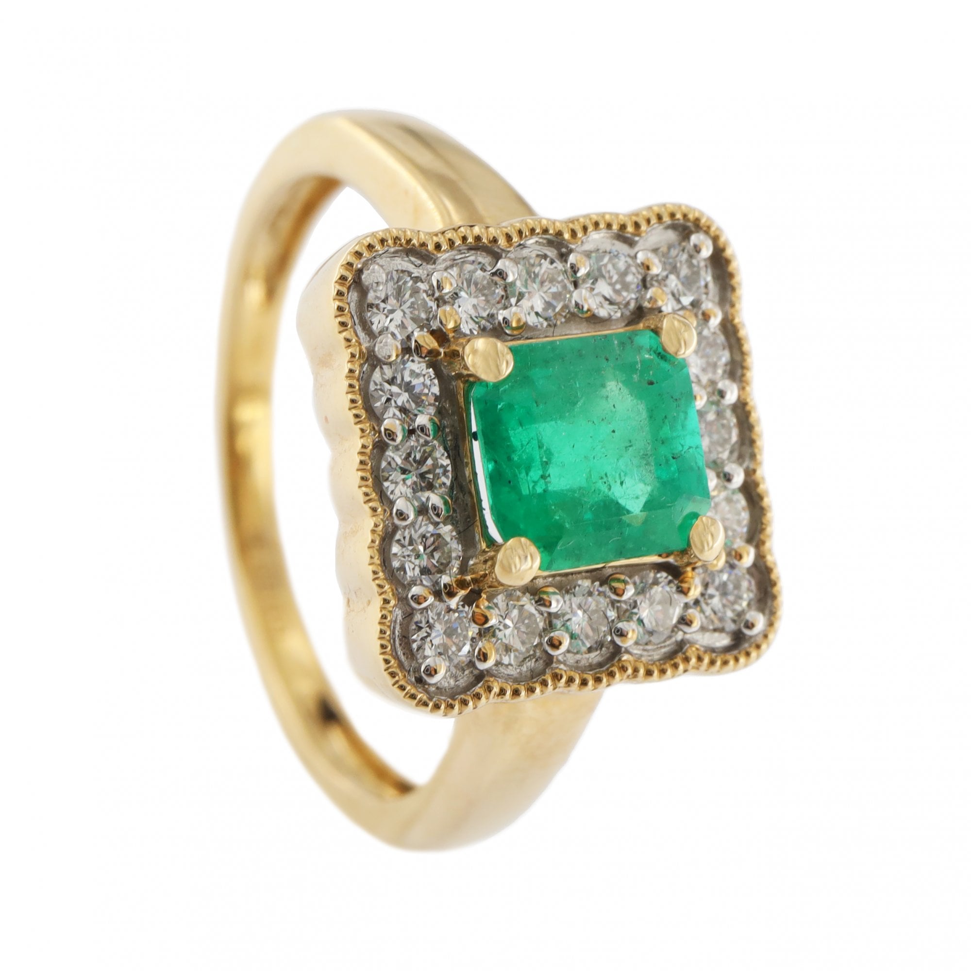 18ct Yellow Gold Square Emerald & Diamond Cluster Ring