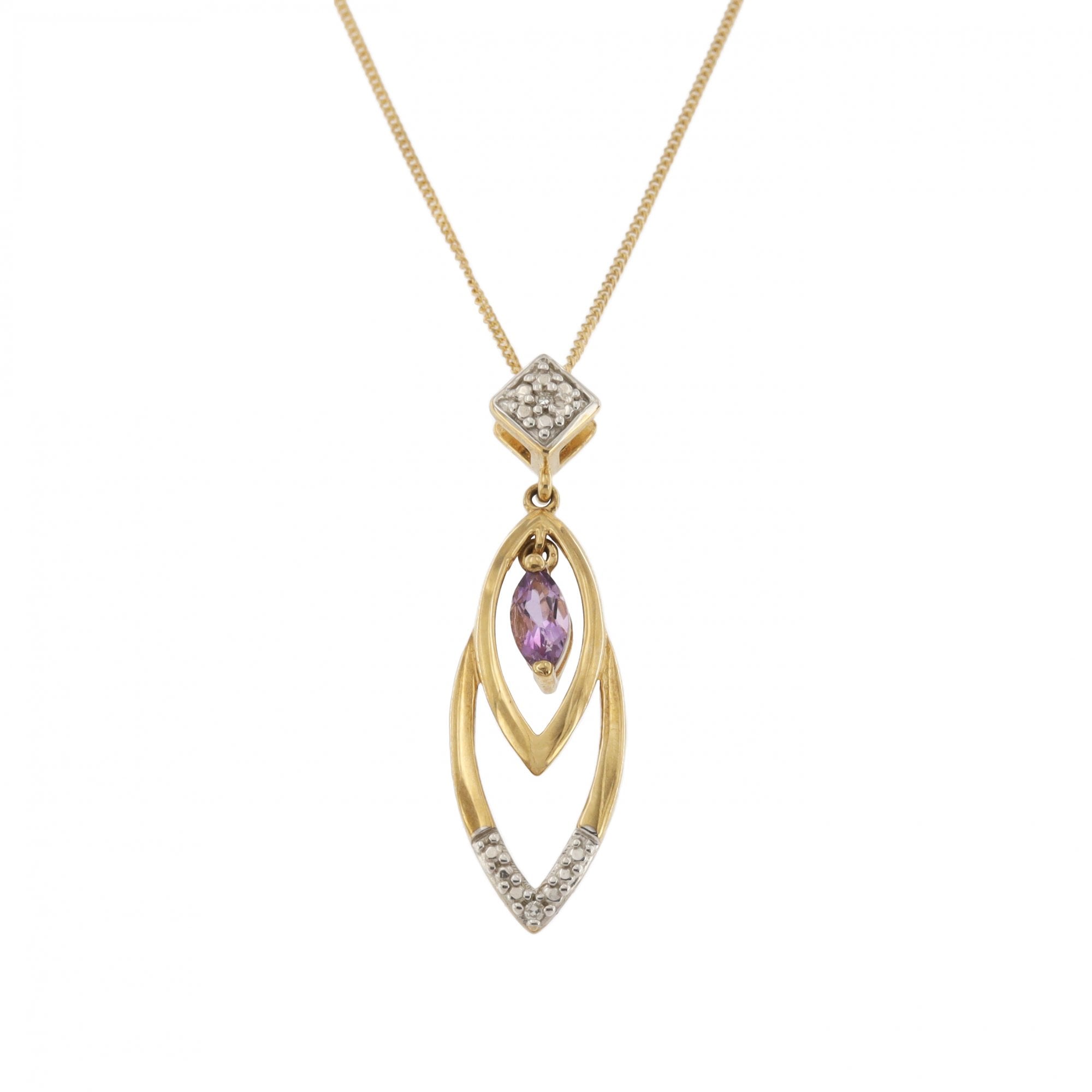 9ct Yellow Gold Diamond & Amethyst Pendant & Chain