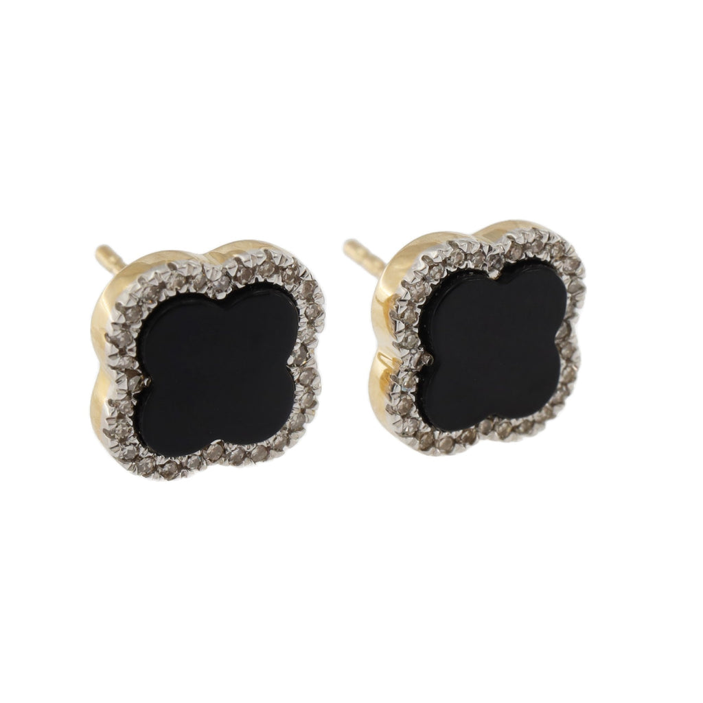 9ct Yellow Gold Diamond Onyx Flower Earrings