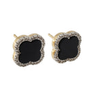 9ct Yellow Gold Diamond Onyx Flower Earrings
