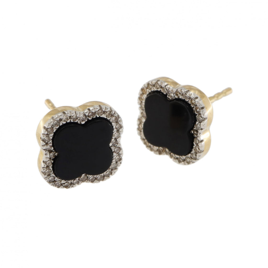 9ct Yellow Gold Diamond Onyx Flower Earrings