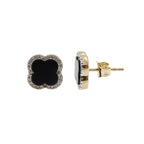 9ct Yellow Gold Diamond Onyx Flower Earrings