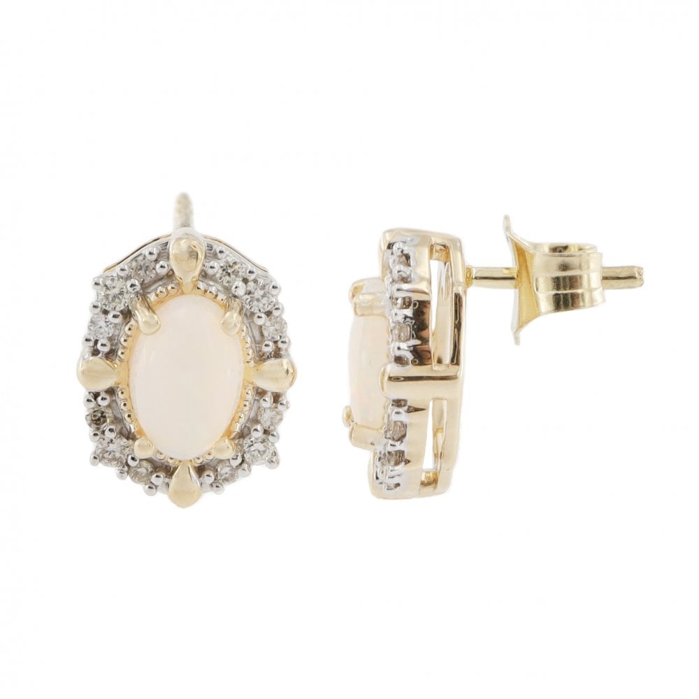 9ct Yellow Gold Opal & Diamond Earrings