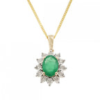 9ct Yellow Gold Emerald & Diamond Cluster Pendant & Chain