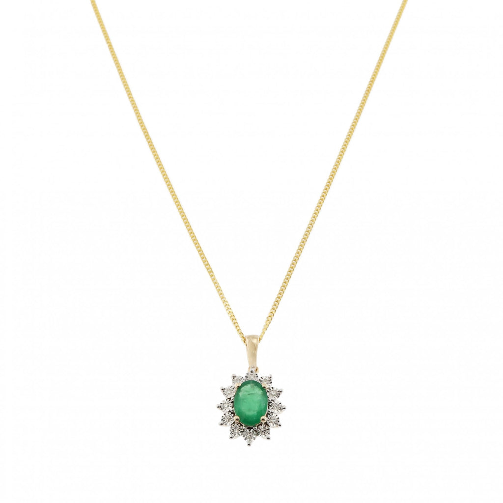 9ct Yellow Gold Emerald & Diamond Cluster Pendant & Chain