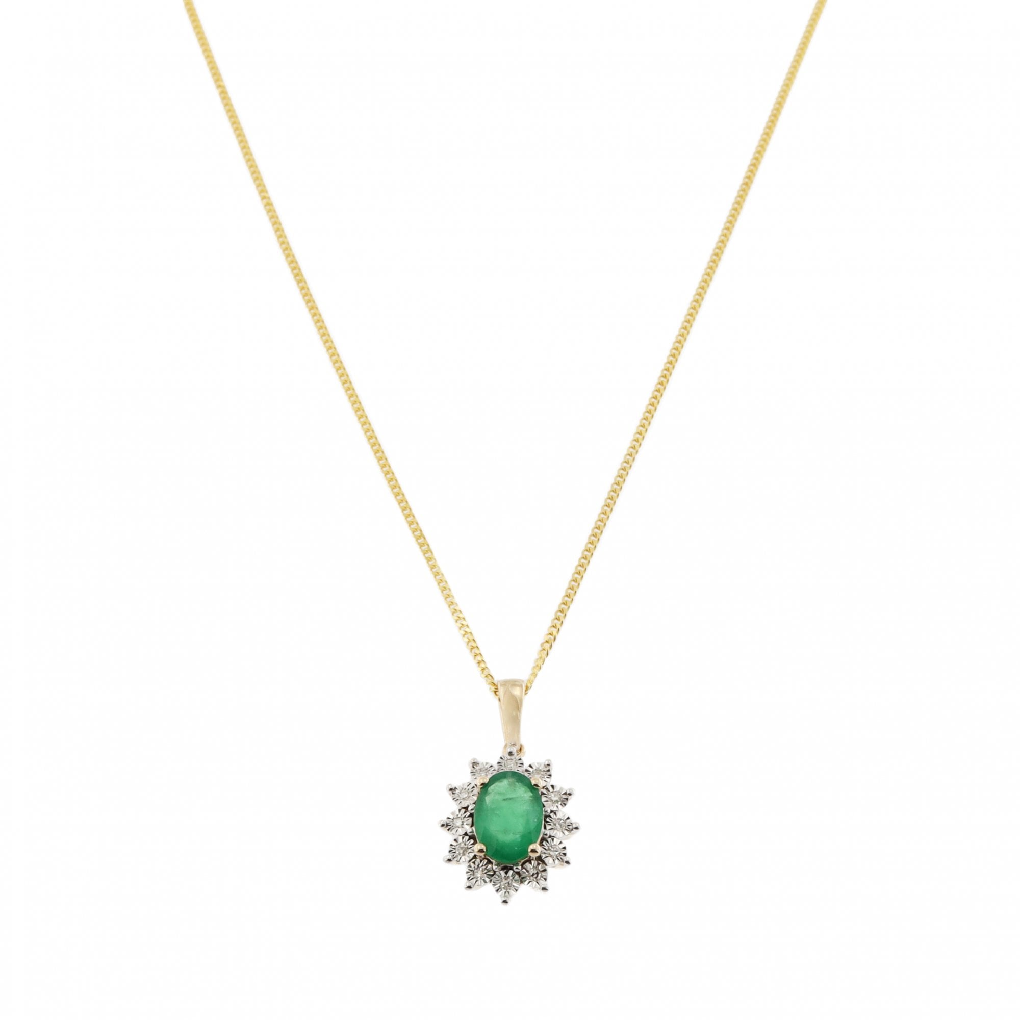 9ct Yellow Gold Emerald & Diamond Cluster Pendant & Chain