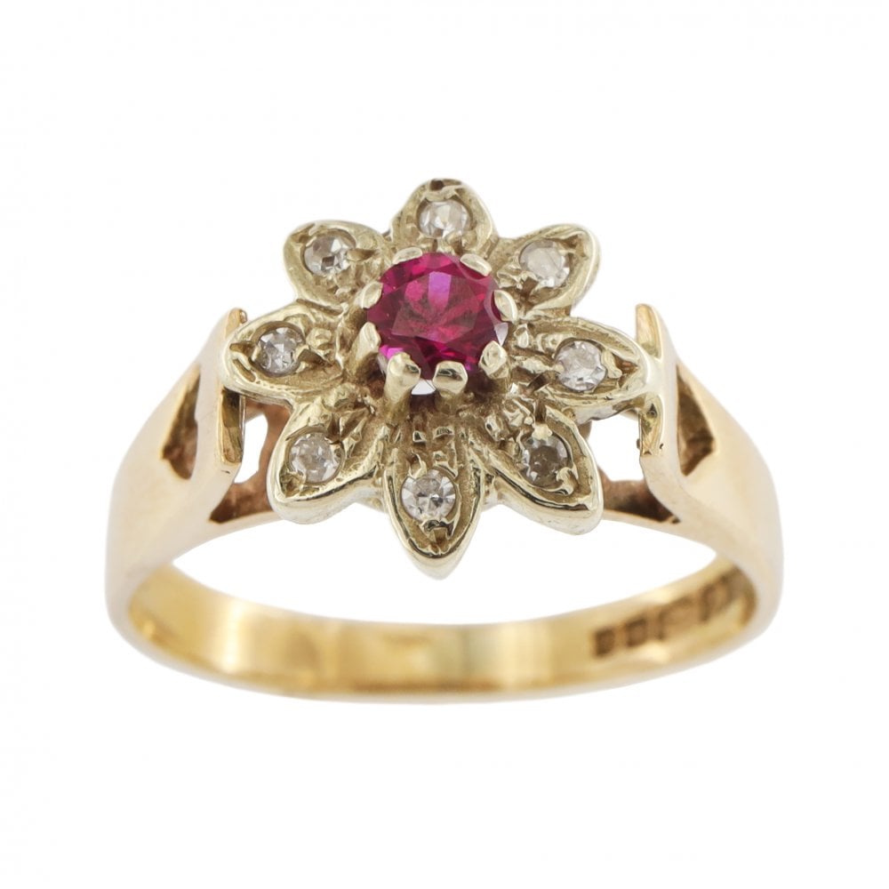 9ct Yellow Gold Ruby & Diamond Cluster Ring