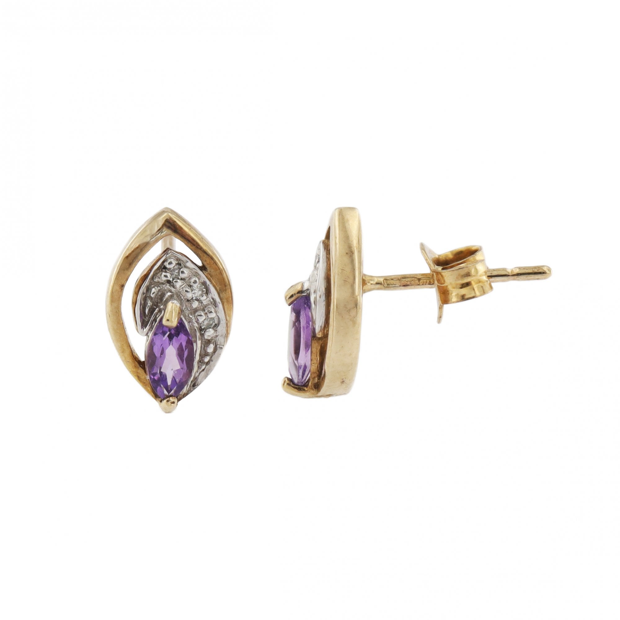 9ct Yellow Gold Amethyst & Diamond Stud Earrings