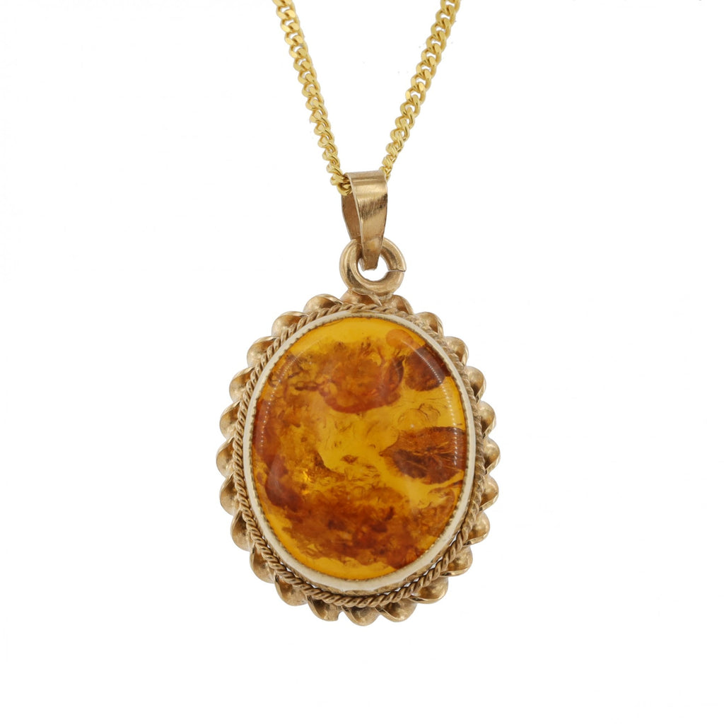 9ct Yellow Gold Amber Pendant Drop & Chain