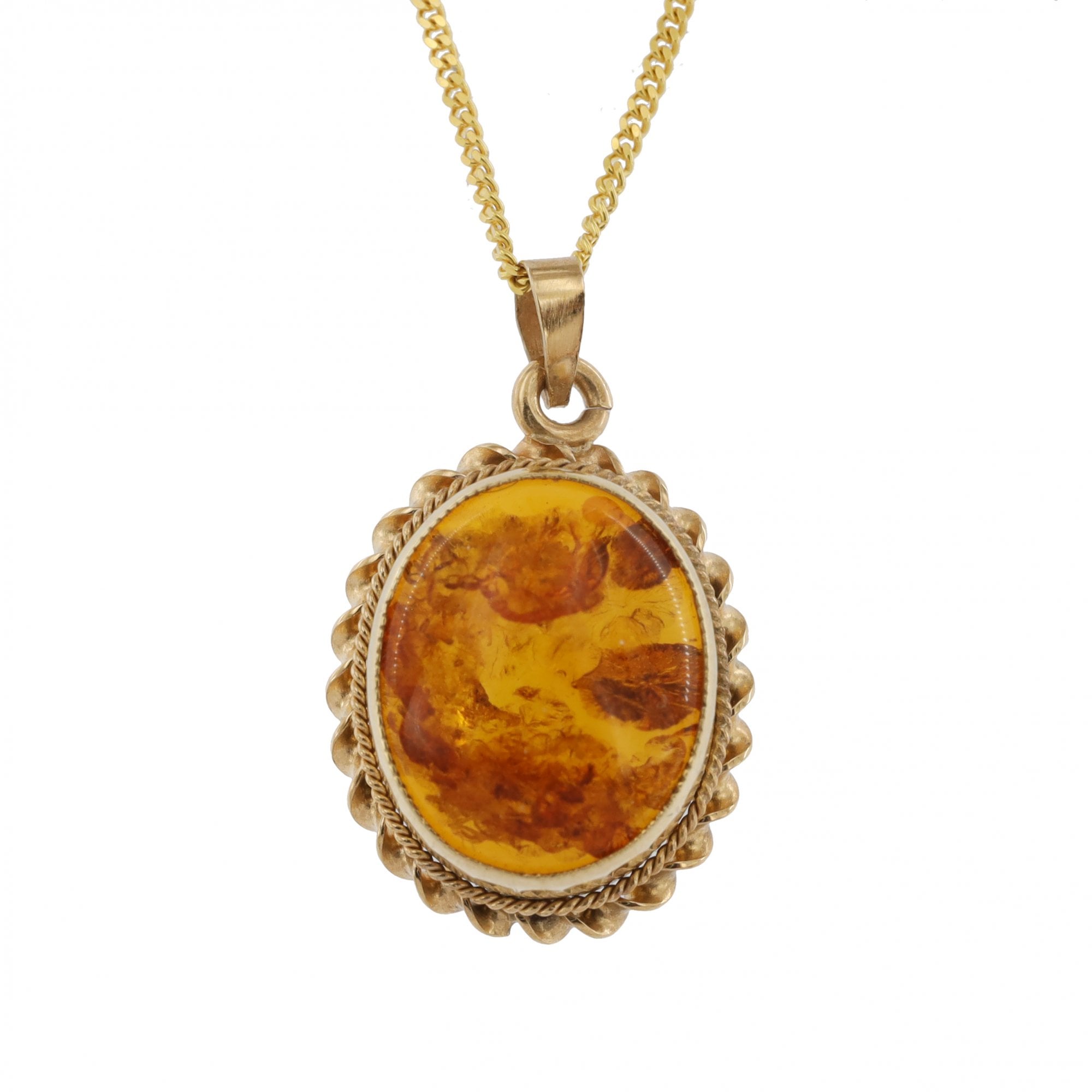 9ct Yellow Gold Amber Pendant Drop & Chain