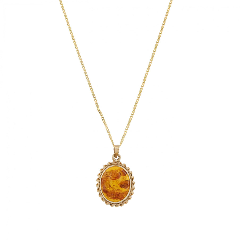 9ct Yellow Gold Amber Pendant Drop & Chain