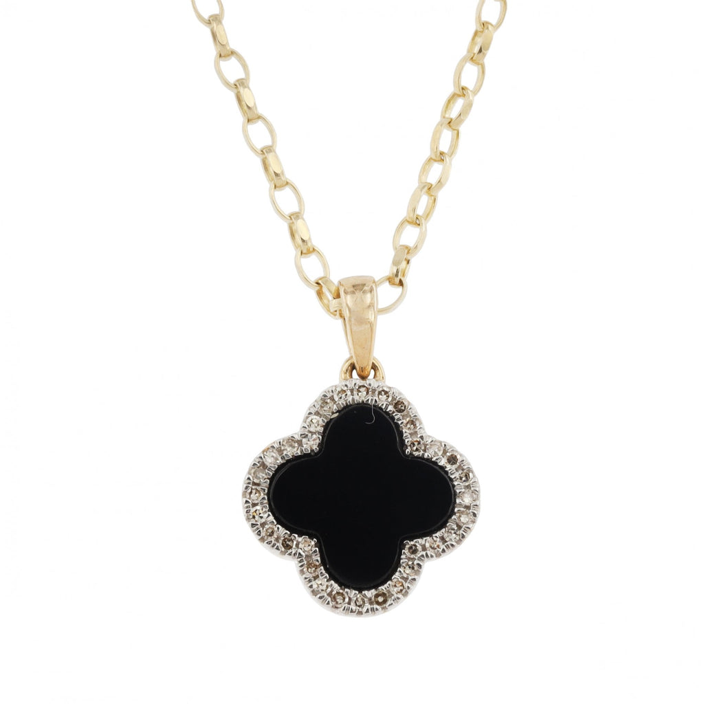 9ct Yellow Gold Diamond Onyx Flower Pendant & Chain
