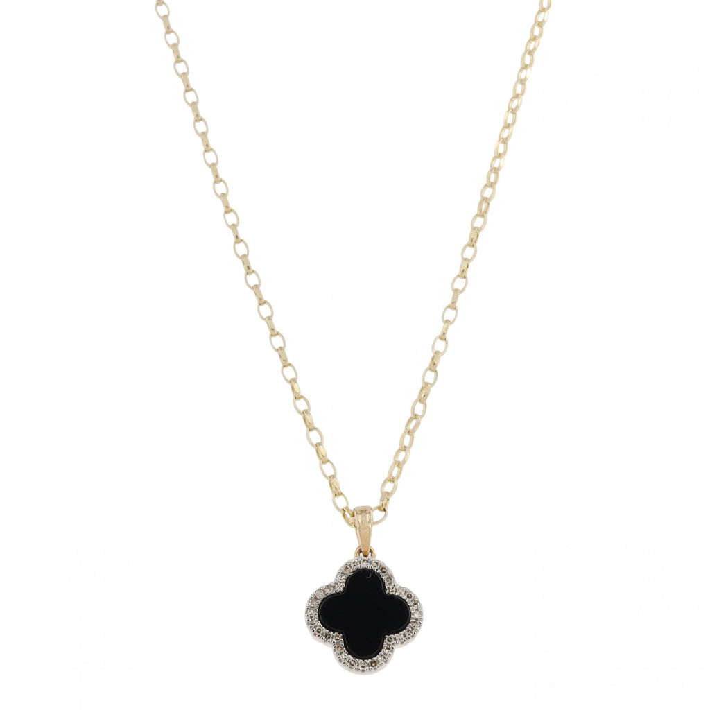 9ct Yellow Gold Diamond Onyx Flower Pendant & Chain