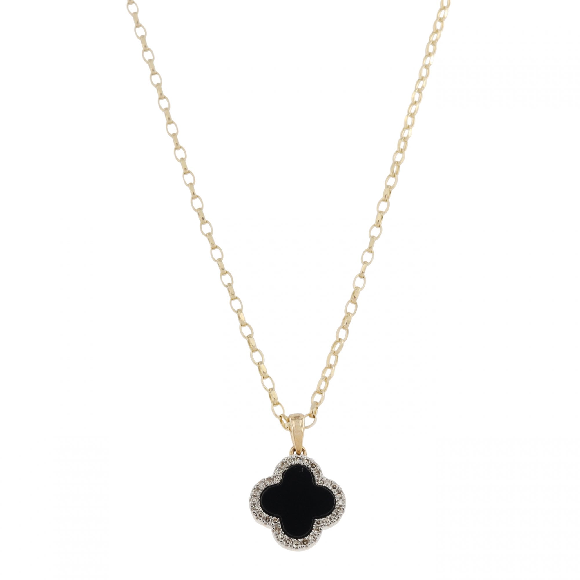 9ct Yellow Gold Diamond Onyx Flower Pendant & Chain